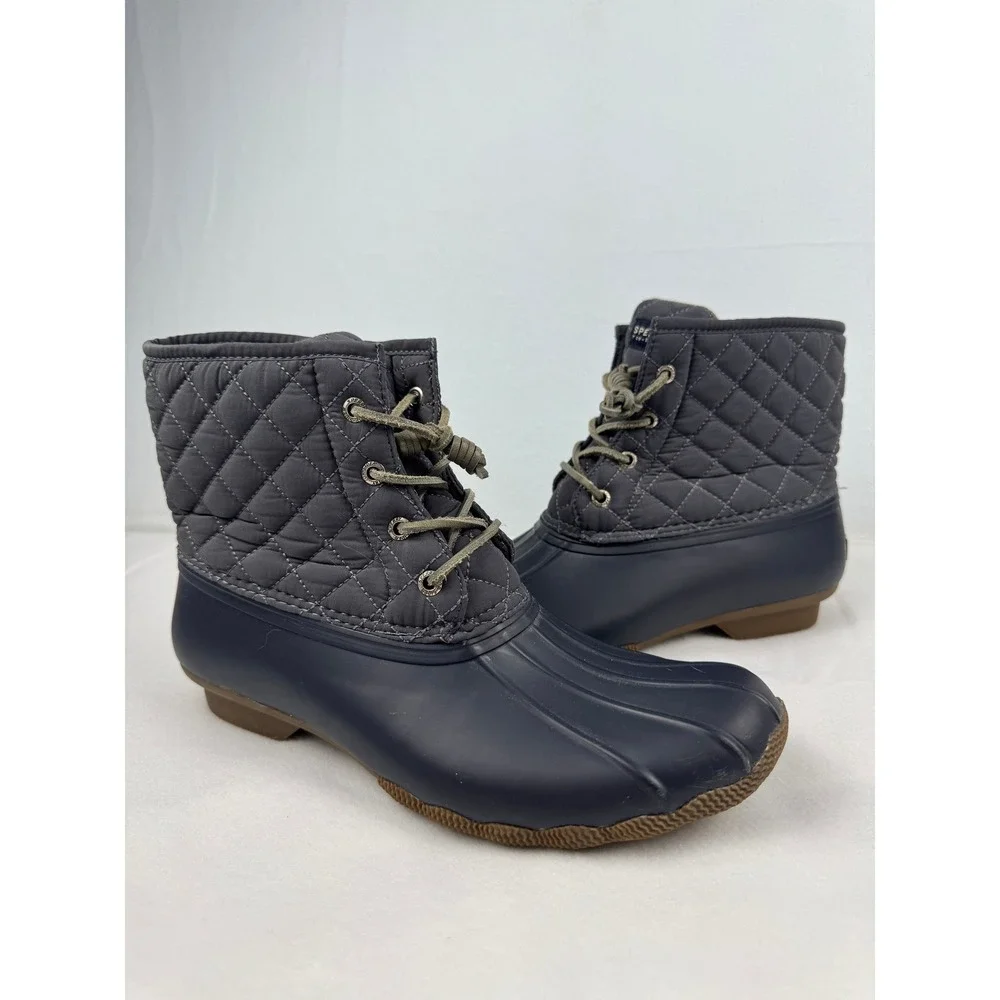 Sperry Saltwater Quilted Duck Boots Navy‎ Blue Ankle Rain Boots Womens Size 8.5